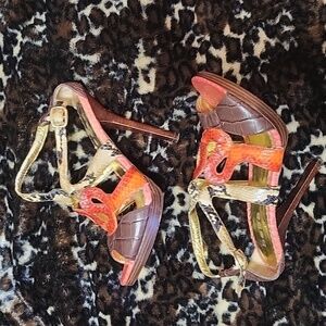 bebe orange/brown croco & snakeskin strappy platform sandals, 8